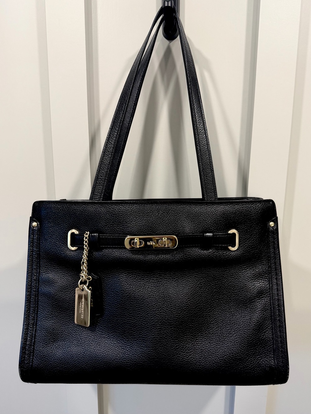 Coach Black Leather Tote with Gold-Tone Hardware